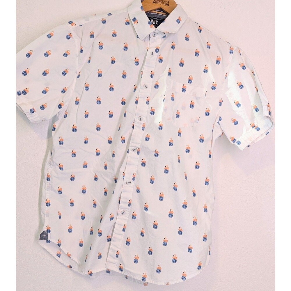 MBX Pineapple Hawaiian Button Up Shirt Flamingo Print Men's Size L Large (832m)